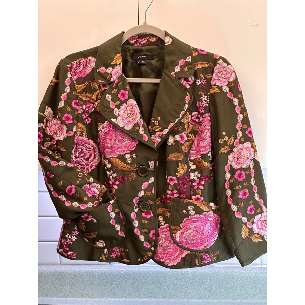 Y2K E By ECI 100% Silk Embroidered Blazer Pink Brown Floral Blazer Size 8